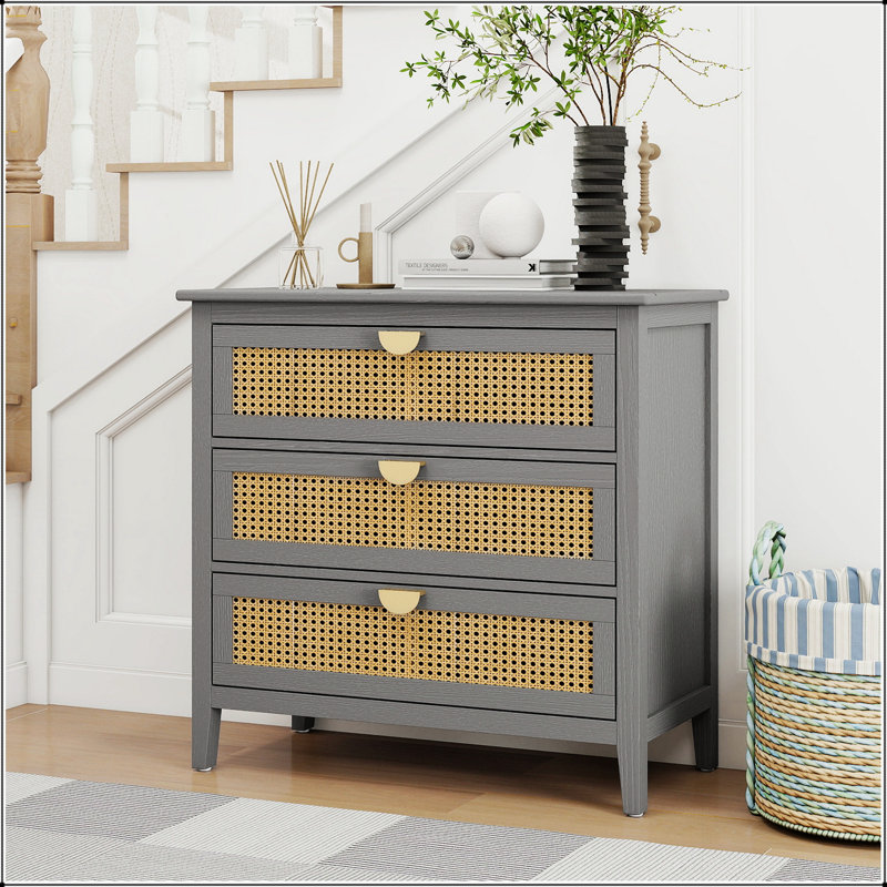 Durable Natural Rattan 3-Drawer Cabinet,  For Bedroom And Living Room Storage Solutions., Gray