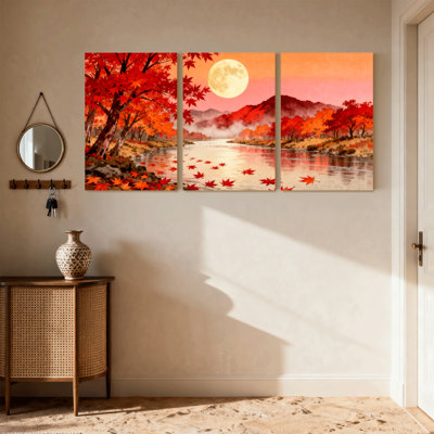 Nautique et plage, feuilles d'automne, rivière de lune, paysage, arbres, montagnes, ensemble de 3 impressions sur toile