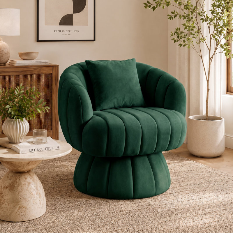 Fauteuil demi-tonneau rembourré rembourré avec coussin, Velours vert