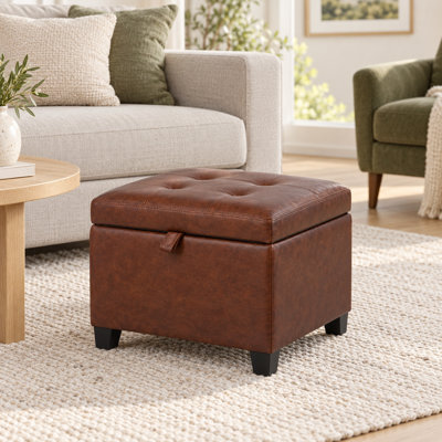 17.5" Square Tufted Faux Leather Storage Ottoman for Living Room