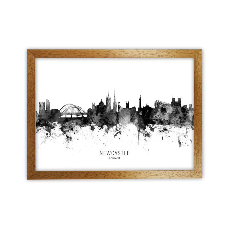 Newcastle England Skyline Black White City Name by Michael Tompsett - Print, 25cm H x 34cm W x 3cm D, Brown Framed