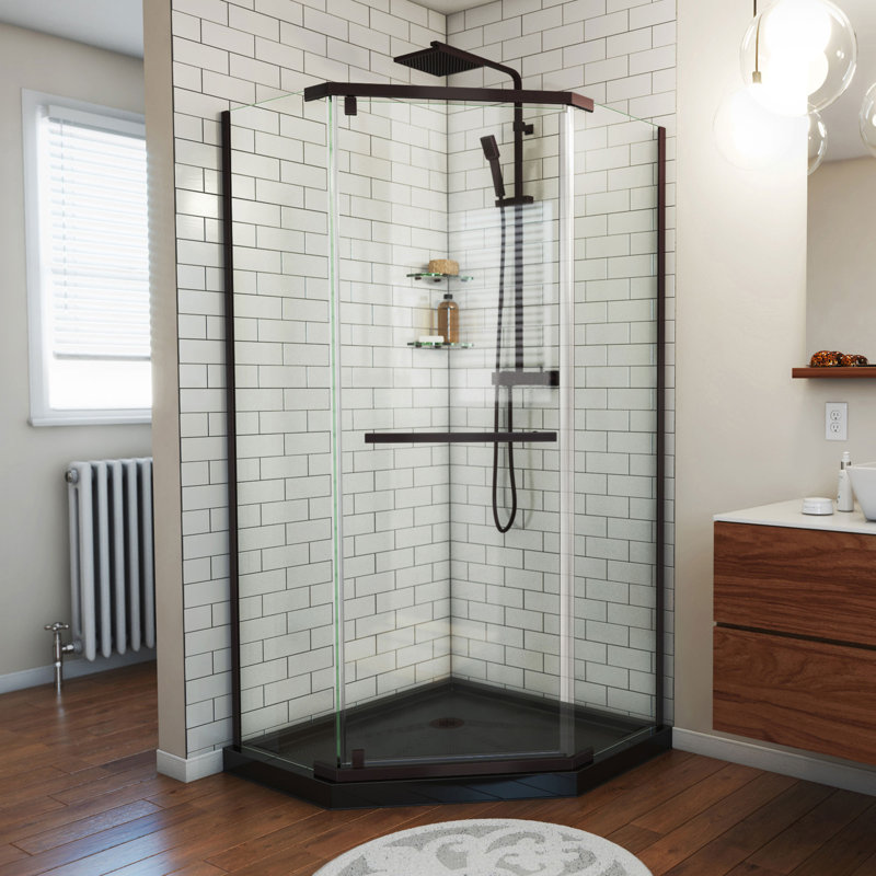 Prism 40" W x 40" D x 74.75" H Frameless Neo-Angle Reversible Shower Kit with Towel Bar and Base Included, Black