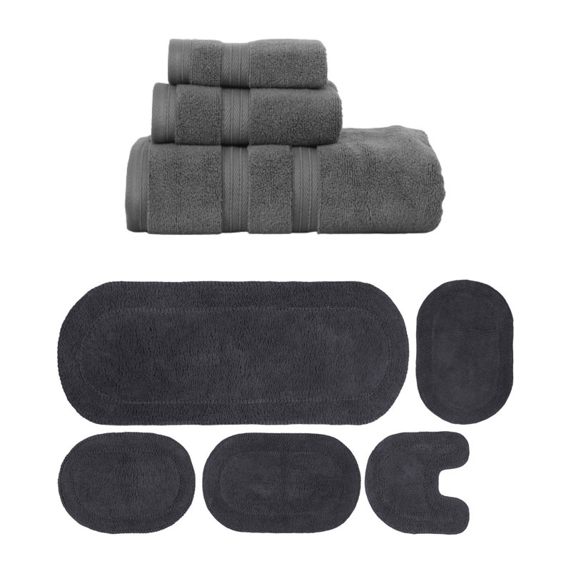 Brunk Collection 100% Soft Cotton 3 Pc Towel Set & 5 Pc Bath Rug Set, (Set of 8), Dark Gray