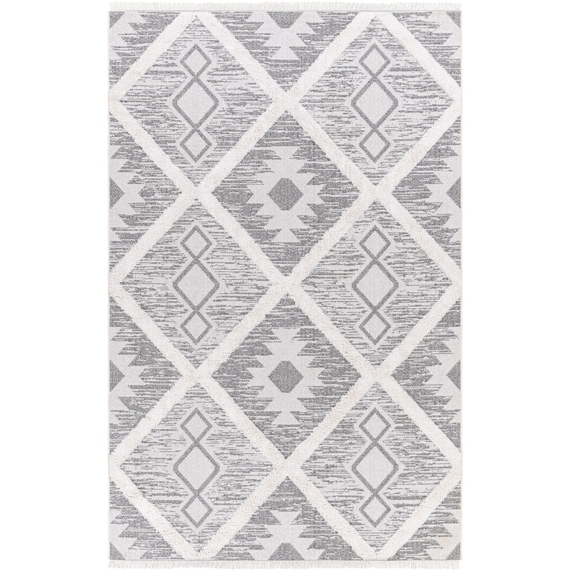Tapis géométrique en coton tissé à la machine de couleur grise himzo, Rectangle 6 pi 4 po x 9 pi