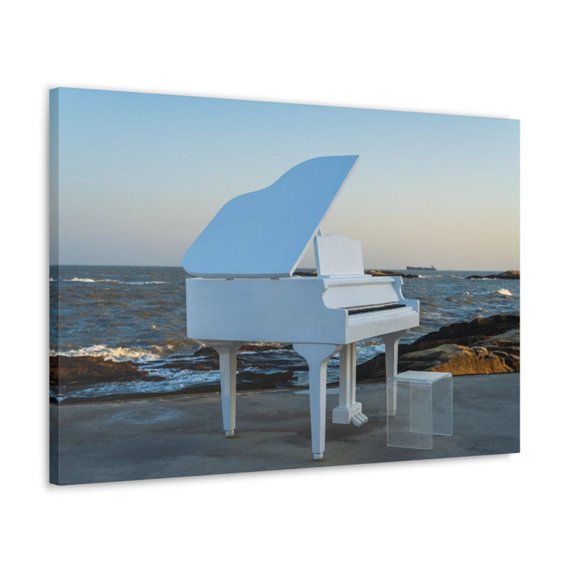 «Piano White On Beach Music Lover's Delight Piano», art mural sur toile, H 12 po x l 18 po