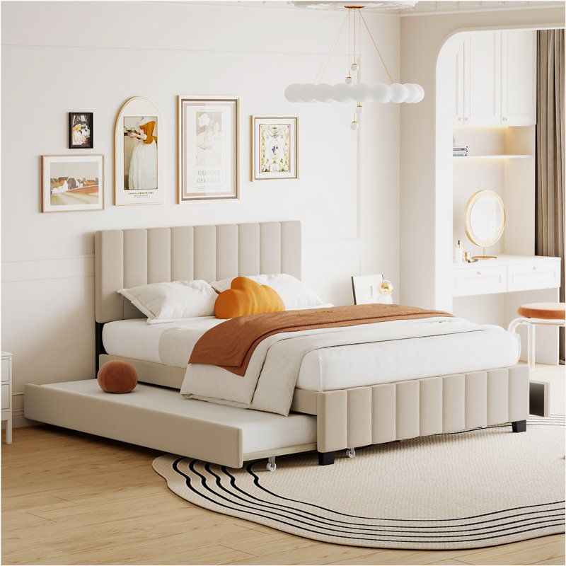Lit plateforme tapissier en velours, Beige