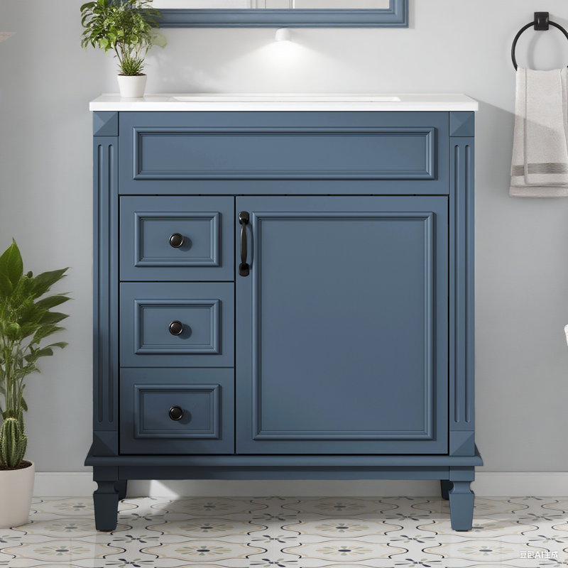 Meuble-lavabo de salle de bain en céramique 30 po avec 2 tiroirs et tablettes réglables, Bleu