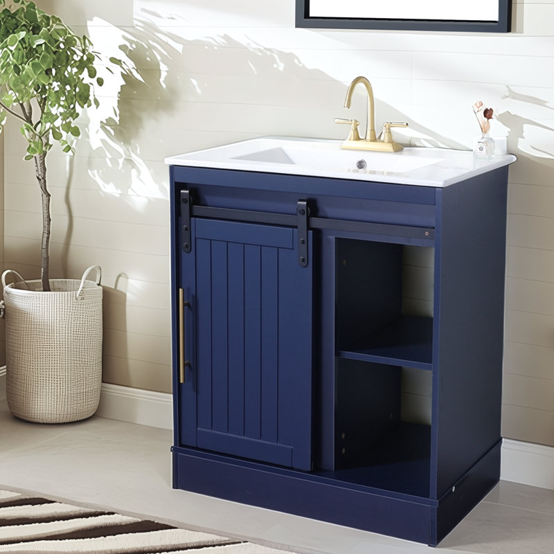 30" Farmhouse Style Free-standing Single Bathroom Vanity With Ceramic Sink, Blue
