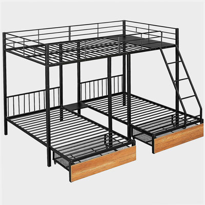  Bed With Drawers And Guardrails, Metal Triple Bed, Black