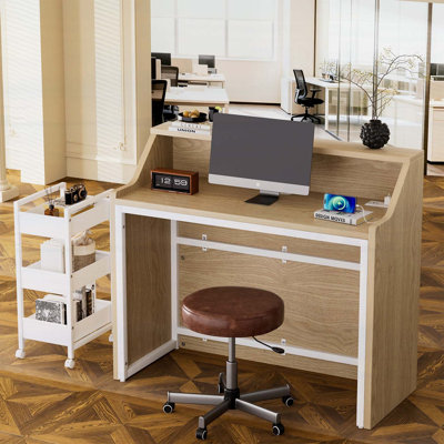 46.5inch Modern Reception Desk with Storage, Rolling Cart, and Geometric Design for Lobbies and Offices, Natural + White