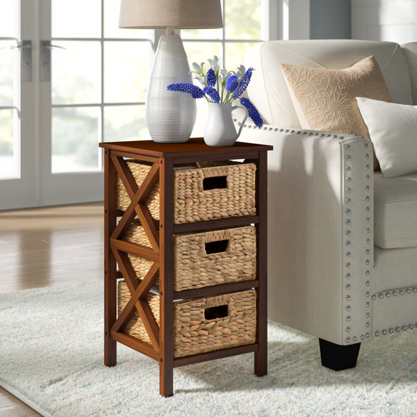 Ehemco 3 Tier X-Side End Table/Cabinet Storage with 3 Baskets Walnut