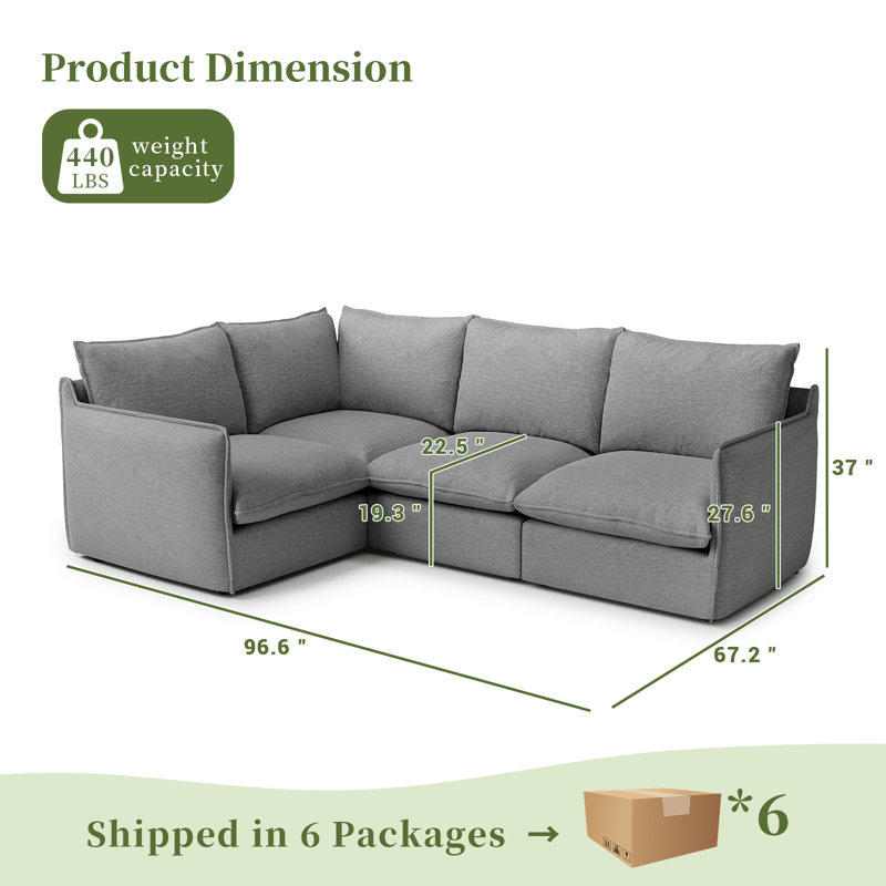 Upholstered Cloud Sofa, 4 Seater Modular Sectional Sofa, Modern Down Filled Comfort L-shaped Sofa With Romvable Cover for Living Room, Deep Seat
