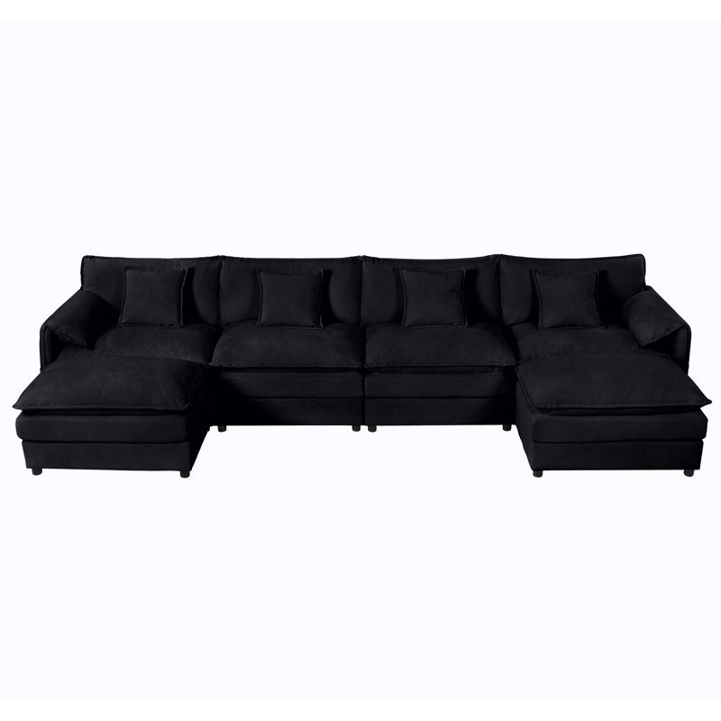 Modular Sectional Sofa, Oversized Deep Seat U Shaped Couch Set For Living Room, 4-Seater Comfy Cloud Couches With 2 Movable Ottomans, DIY Combination, Chenille,Black