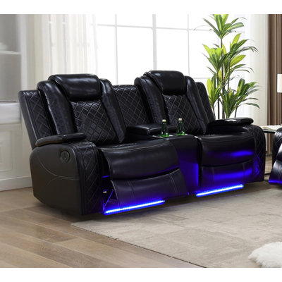Causeuse inclinable électrique en cuir 73 po avec console centrale, porte-gobelets, charge USB et éclairage à DEL