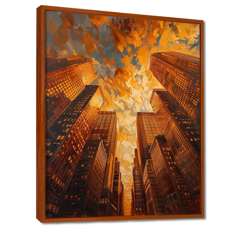 «Golden Perspective», gratte-ciel symphonie I - art mural gratte-ciel, Toile avec cadre flottant brun