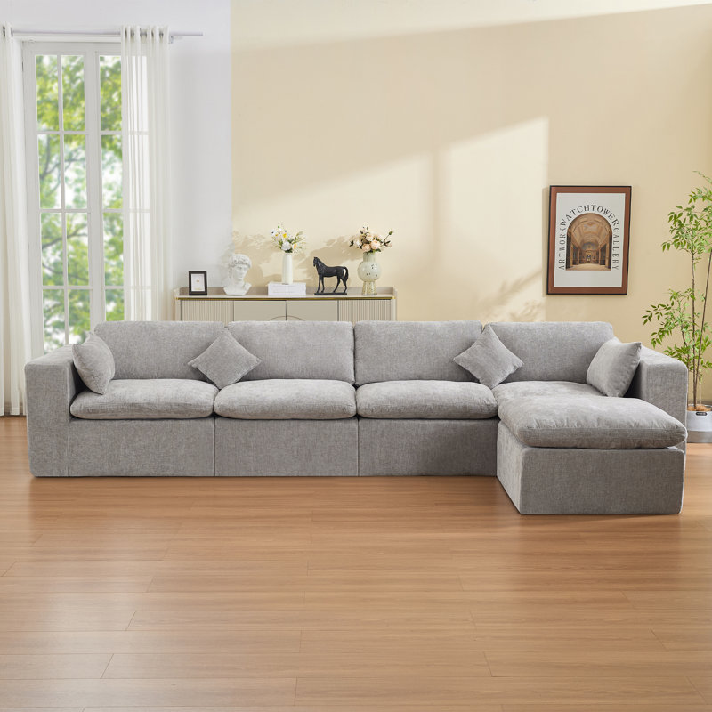 Compression Sectional Couch with Ottoman, 5, Light Gray Chenille