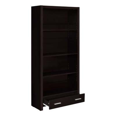 Bibliothèque à 4 tablettes avec finition cappuccino, deux tablettes réglables, panneau arrière fermé, tiroir lisse à glissières européennes, quatre tablettes de bureau avec finition et rangement style contemporain, construction,