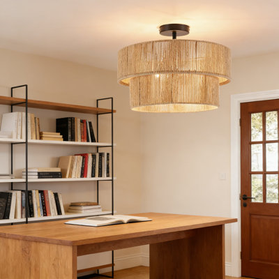 Plafonnier semi-encastré Boho avec abat-jour en corde de chanvre tissé à la main, conception de tambour à deux niveaux pour décor de maison de campagne, de bord de mer ou de style bohémien dans le salon, la salle à manger, la chambre à coucher ou la cuisine