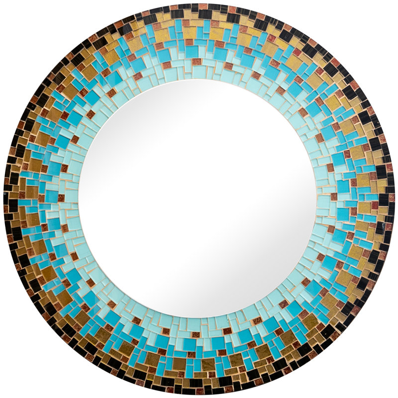 Onaway Mosaic Mirror, Wall Art Décor – Handcrafted Decorative Wall Mirror, Aqua, Turquoise, Gold, Brown, and Black Glass Mosaic Mirror, 24” Frame, 14" Round Mirror for Hallway, Bedroom, Bathroom