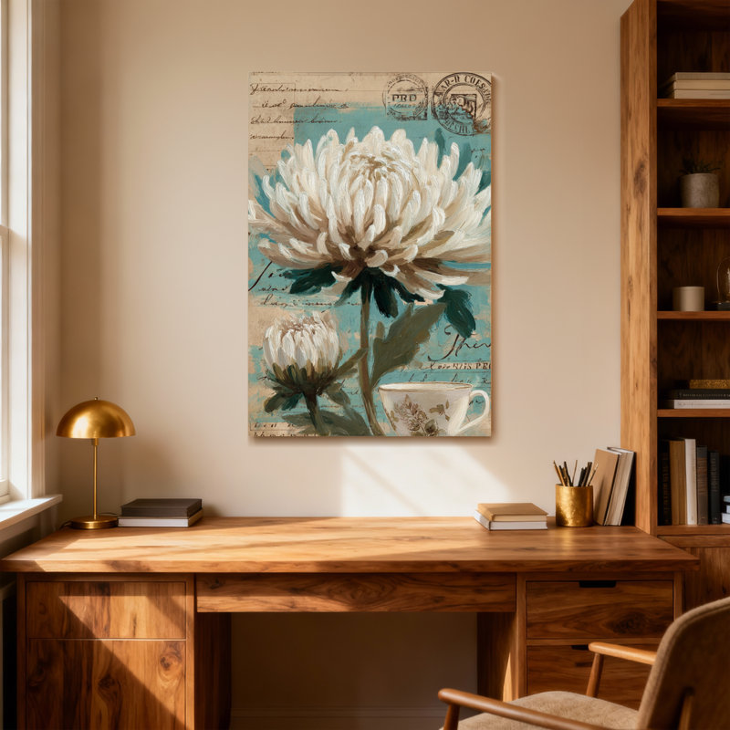 Plantes et fleurs, tasse à thé blanche en forme de chrysanthème, écriture rétro, H 12 po x l 18 po