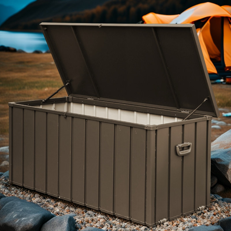 160 Gallon Outdoor Storage Deck Box, Large Waterproof Patio Storage Bin With Lockable Lid, Hydraulic Pistons & Wheels For Cushions, Pool Accessories – Dark Brown