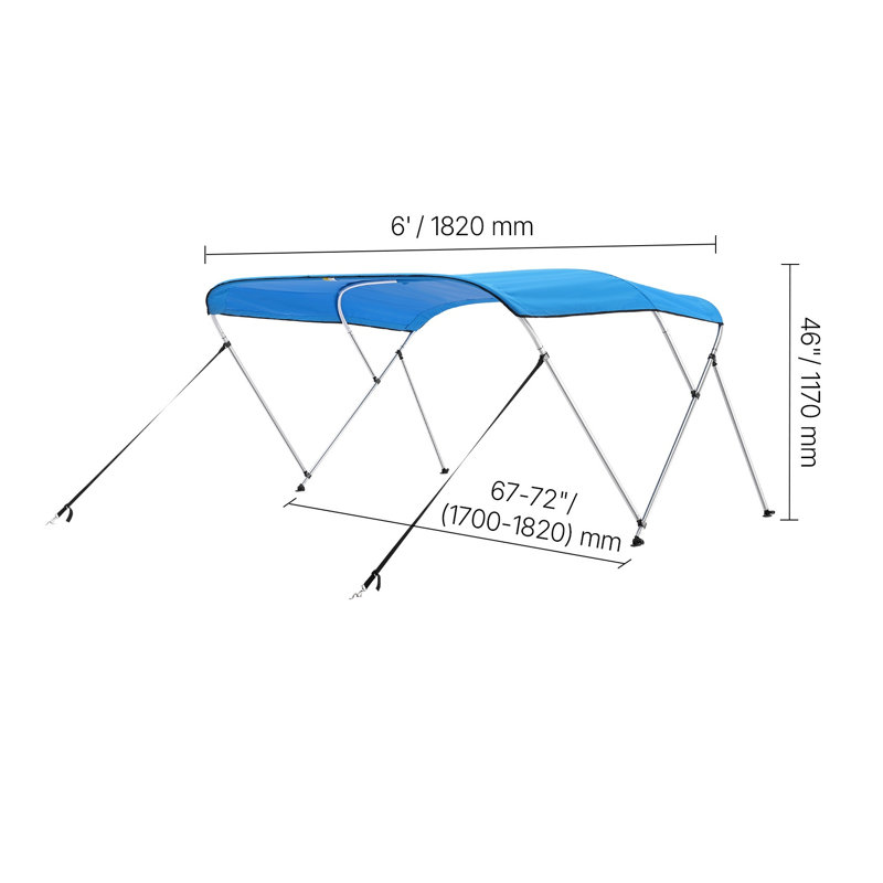 Toit bimini à 3 arcs pour bateau, auvent en polyester 600D avec structure en aluminium, auvent pare-soleil imperméable, L 6 pi x l (67 po à 72 po) x H 46 po, bleu pacifique