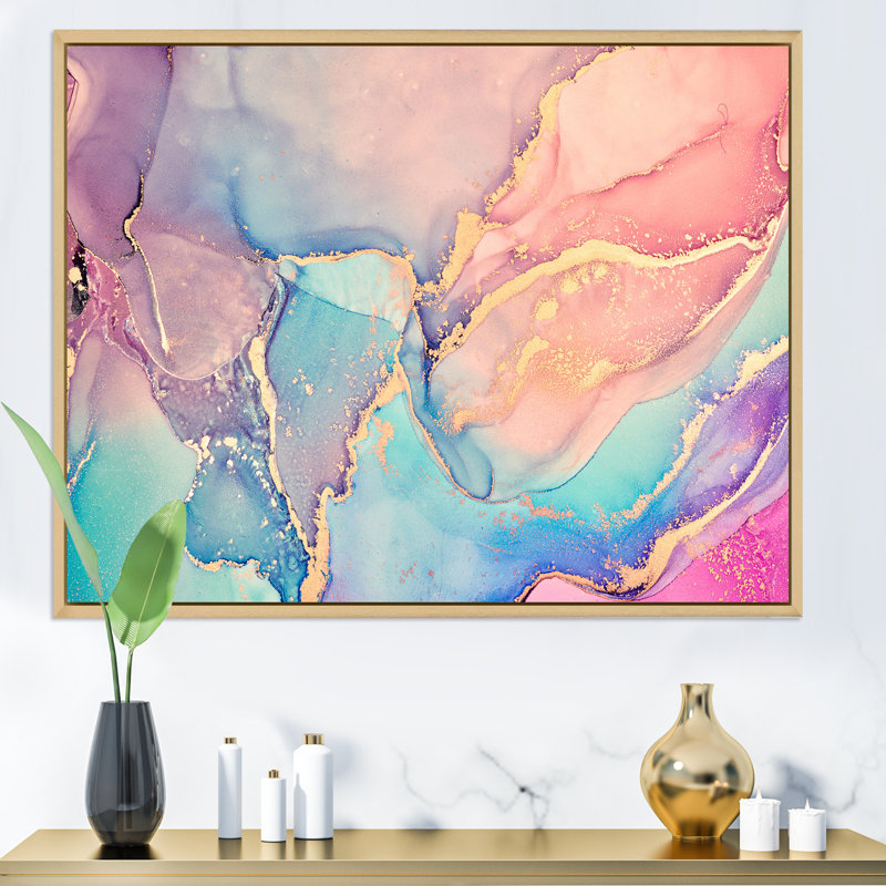 Art liquide rose et bleu II - reproduction sur toile, H 30 po x l 40 po, Cadre flottant brun