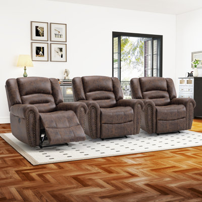  39.8" Wide Classic And Oversized Breathable Faux Leather Power Reclining Home Theater Seating(Set Of 3)