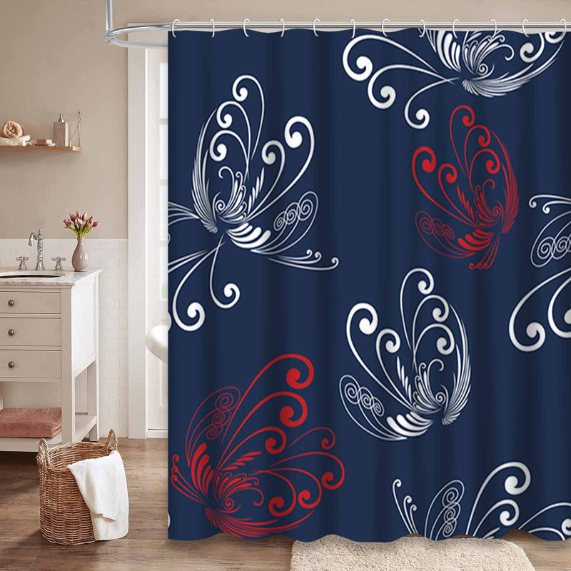 Rideau de douche abstrait à rayures rouges et bleu marine avec 12 crochets, 72" L x 78" W