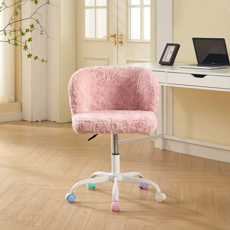 Chaise de bureau rose, chaise de bureau en poils de lapin artificiel, avec base en métal, chaise de bureau pivotante réglable, chaise de coiffeuse