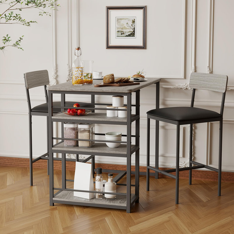 Ensemble de table de salle à manger pour 2 personnes, table de bar et chaises avec 3 tablettes de rangement, Gris