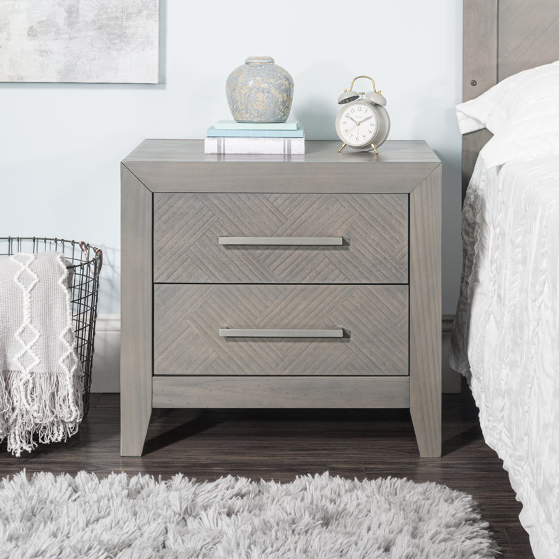 Crescent Gray Herringbone 2-Drawer Nightstand with Metal Pulls