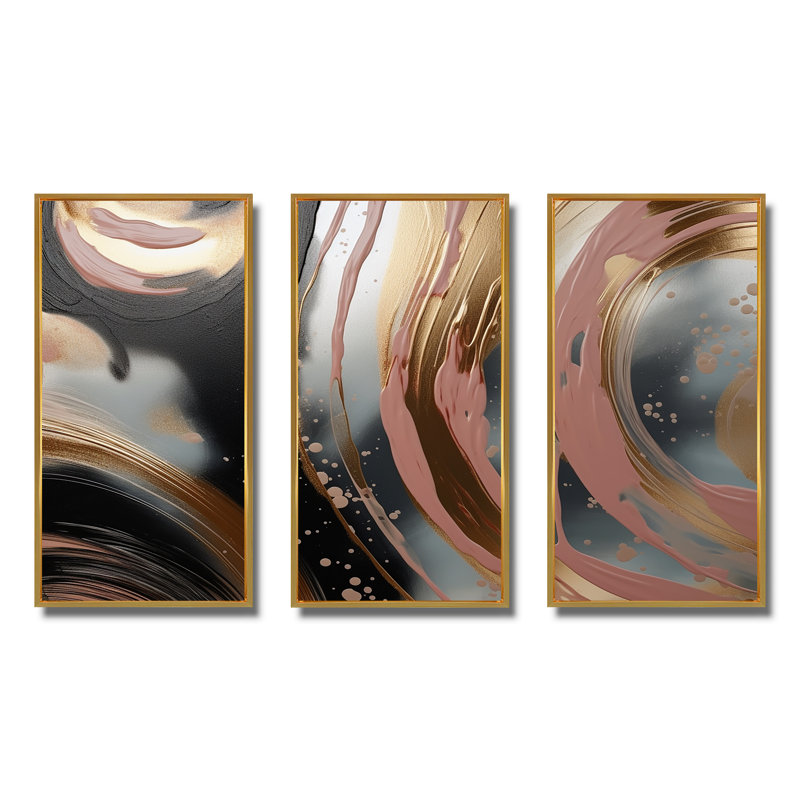 Abstrait, or et rose, encre liquide, cercles I - encre liquide abstraite, art mural, Cadre flottant doré