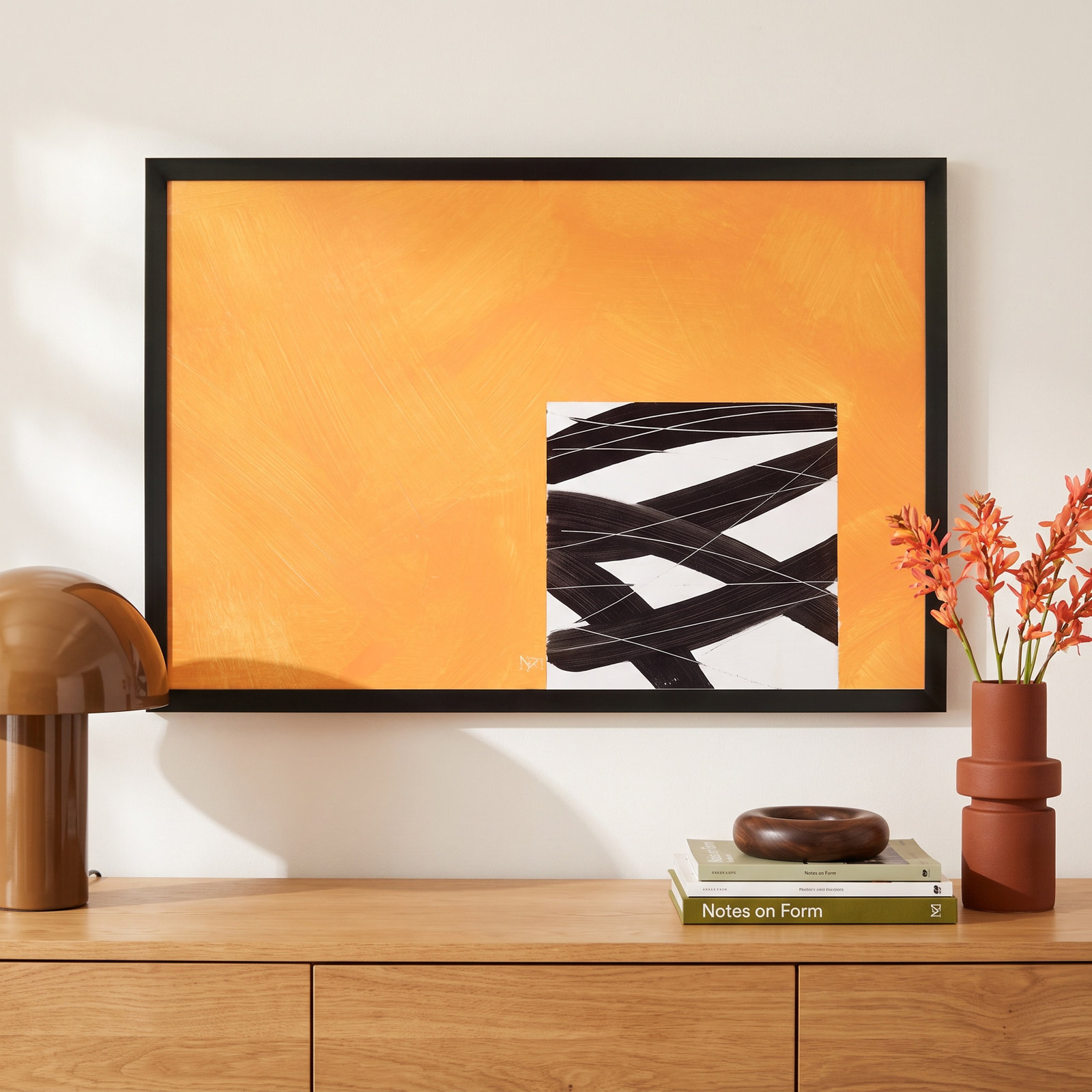 Composition With Yellow 2 by Robert Kamnatnik, 14" H x 20" W x 1.25" D, Black Framed Paper