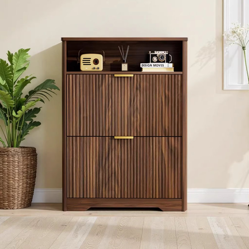 30 Pair Entryway Shoe Storage Cabinet With 3 Flip Drawers, 54.4" H x 31.6" W x 9.6" D, Walnut
