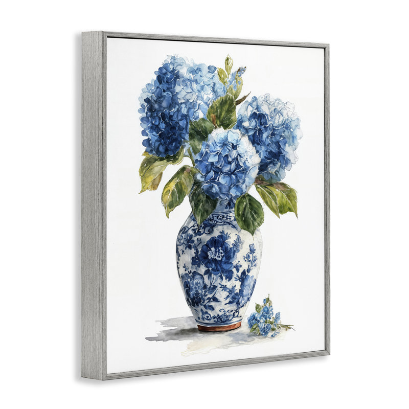 Vase en porcelaine avec bouquet d'hortensias, estampe numérique, imaginée par Imagine It Images, H 20 po x l 16 po
