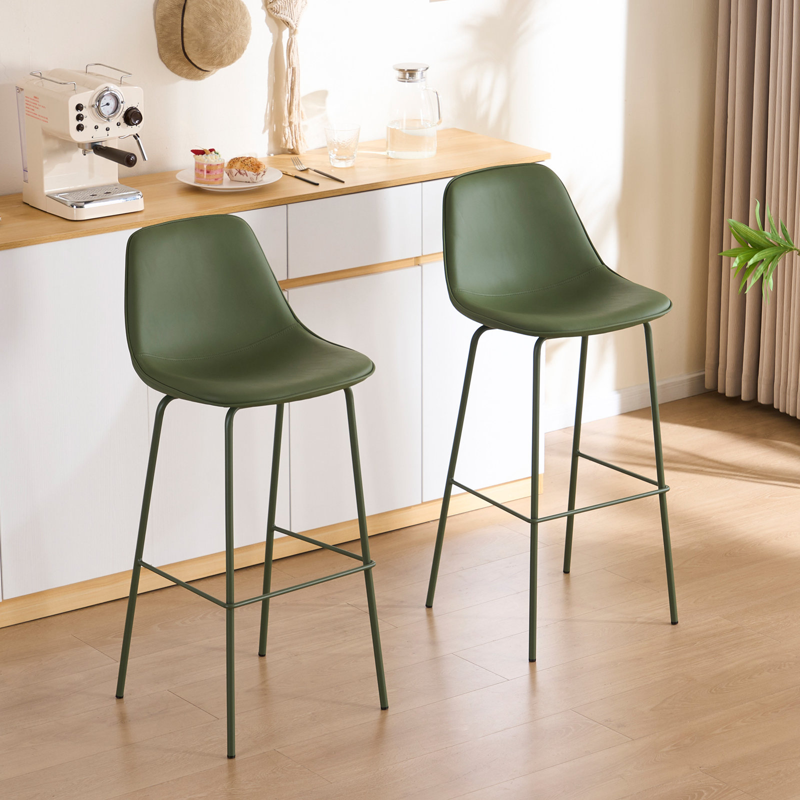 Kavi Upholstered Barstools, Bar Stool (30" Seat Height), Bean Green Faux Leather