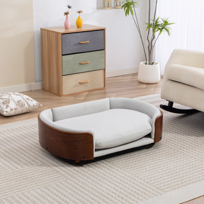 Scandinavian Style Elevated Dog Bed Pet Sofa With Solid Wood Legs And Walnut Bent Wood Back, Velvet Light Gray,Large Size