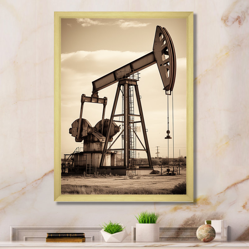 «Modern Sepia Drilling Rig Field II», reproduction sur toile, Cadre doré simple, H 20 po x l 12 po x P 1 po