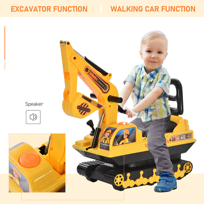 Yellow and Black Ride-On Excavator Toy with Storage Seat