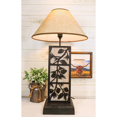 Rustic Western Pinecones On Branch Forest Wood Metal Bedside Desktop Table Lamp