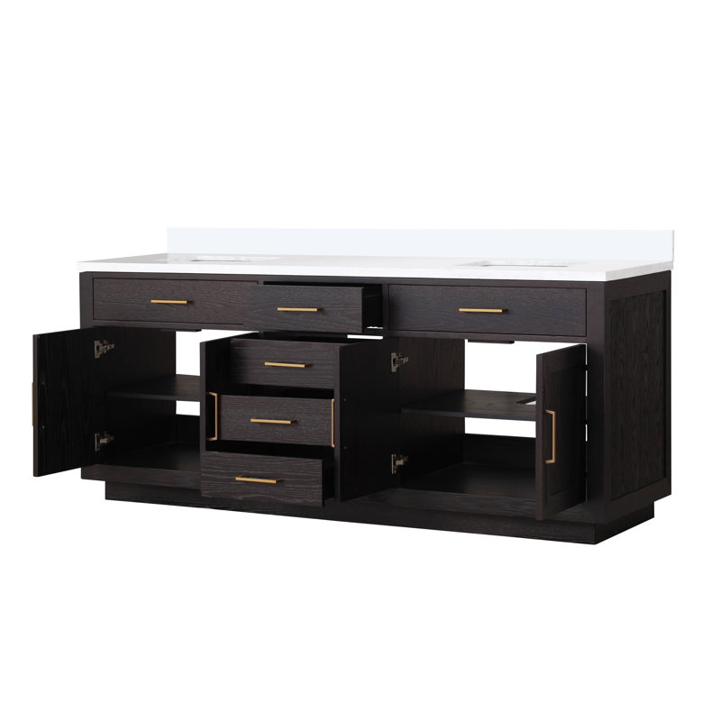 Ensemble de meuble-lavabo double 80 ", Chêne blanc, Marbre de culture blanc