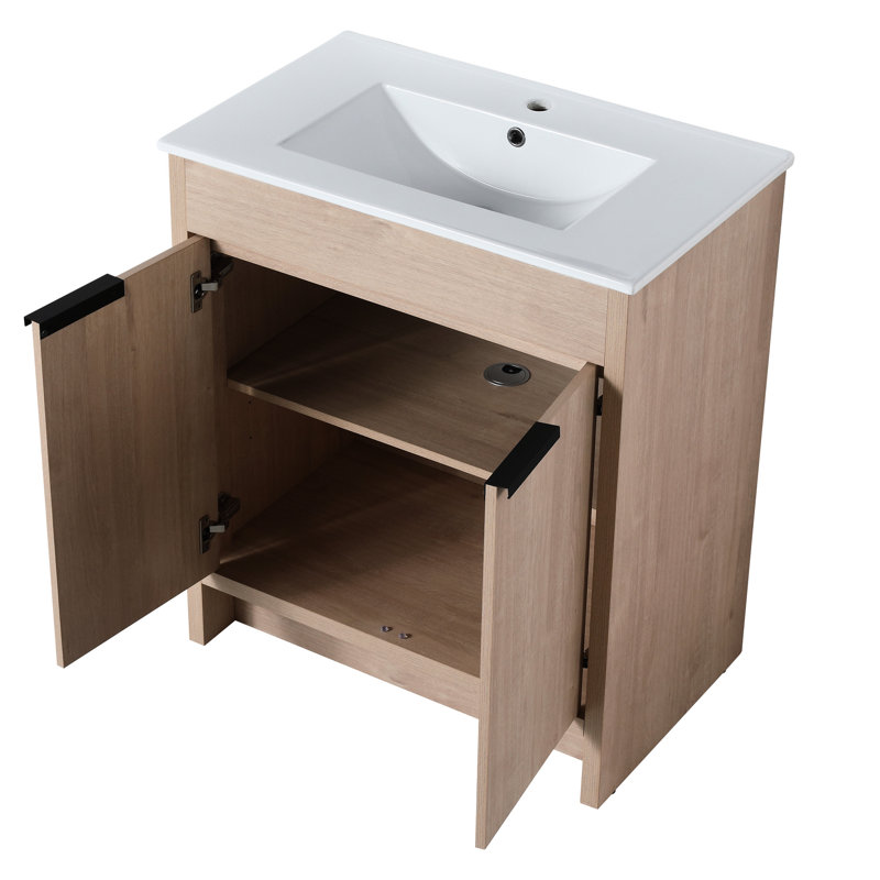 Meuble-lavabo autoportant de 30 pouces avec lavabo en céramique blanche. 2 portes. Moderne. Chêne uni. Contreplaqué. Tablette réglable. Poignées en métal autoportantes. Lavabo vasque