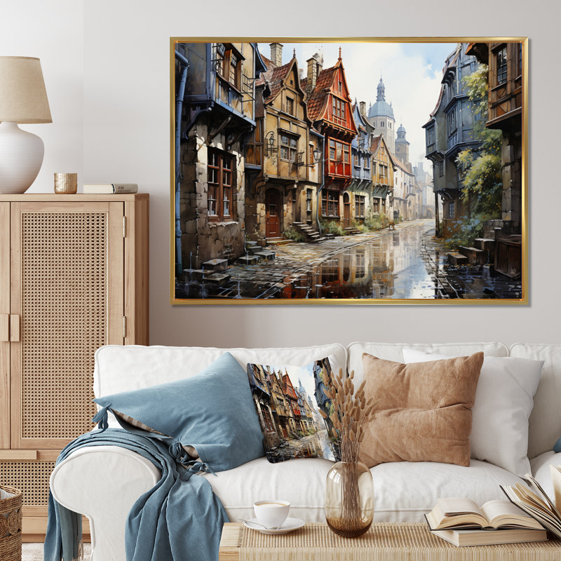 «Danemark Old Town Alley I», reproduction sur toile, H 34 po x l 44 po x P 1,5 po, Cadre flottant doré