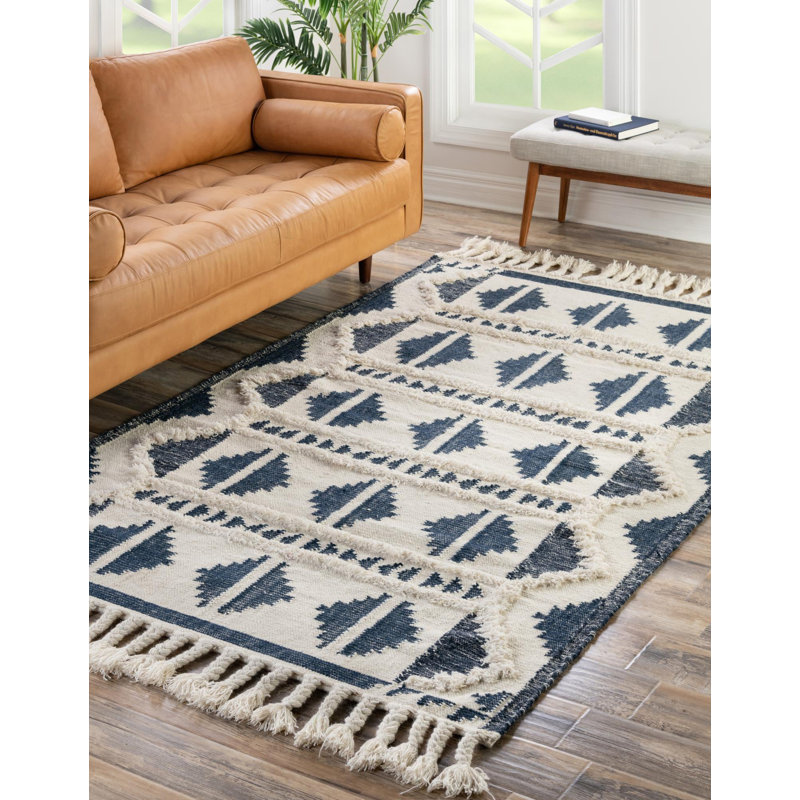 Tapis contemporain de couleur bleu foncé Annonciata, Rectangle 8 pi x 10 pi