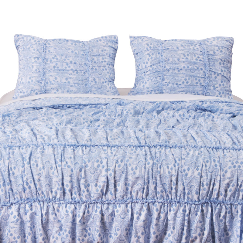 Greenland Home Fashions Helena Ruffle Blue 3-Piece King Size Quilt Set 105x95 + 20x36 (2), King Quilt + 2 Shams