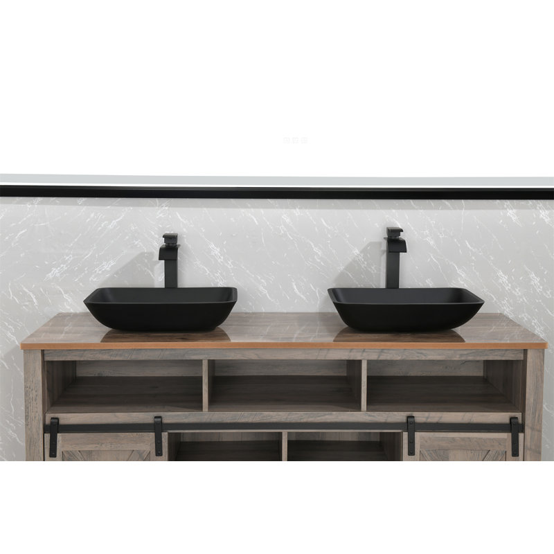 Lavabo de salle de bain vasque rectangulaire en verre à coquille rectangulaire de 13 po L -18,13 po H à 4 po noir avec robinet noir mat et drain escamotable noir mat