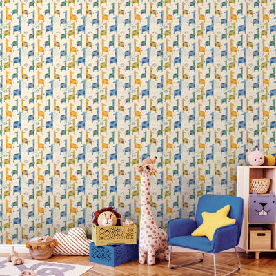 Hoopla Walls Giraffe Friends Denim Mix 10m Wallpaper