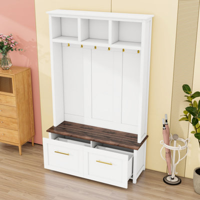 Hall Tree with 6 Golden Hooks, Multiple Storage Space and 2 Drawers