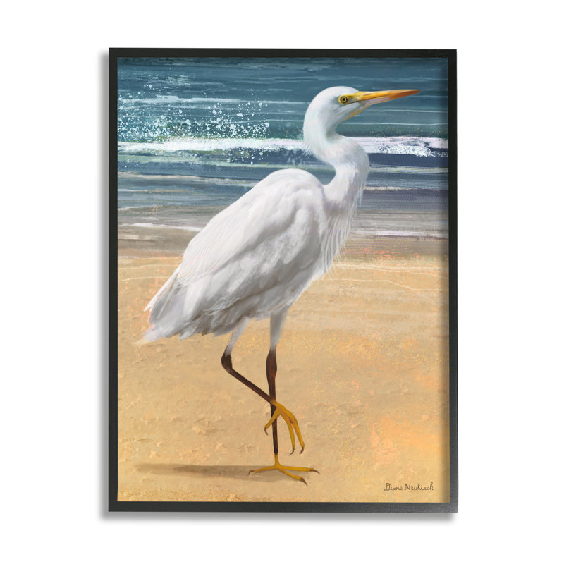 Héron blanc debout, Giclée encadrée noir minuit, H 20 po x l 16 po x P 1,5 po